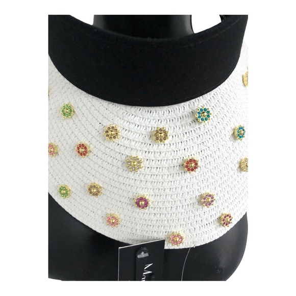 White black bejeweled faux precious‎ stones raffia straw sun visor hat new main image 5